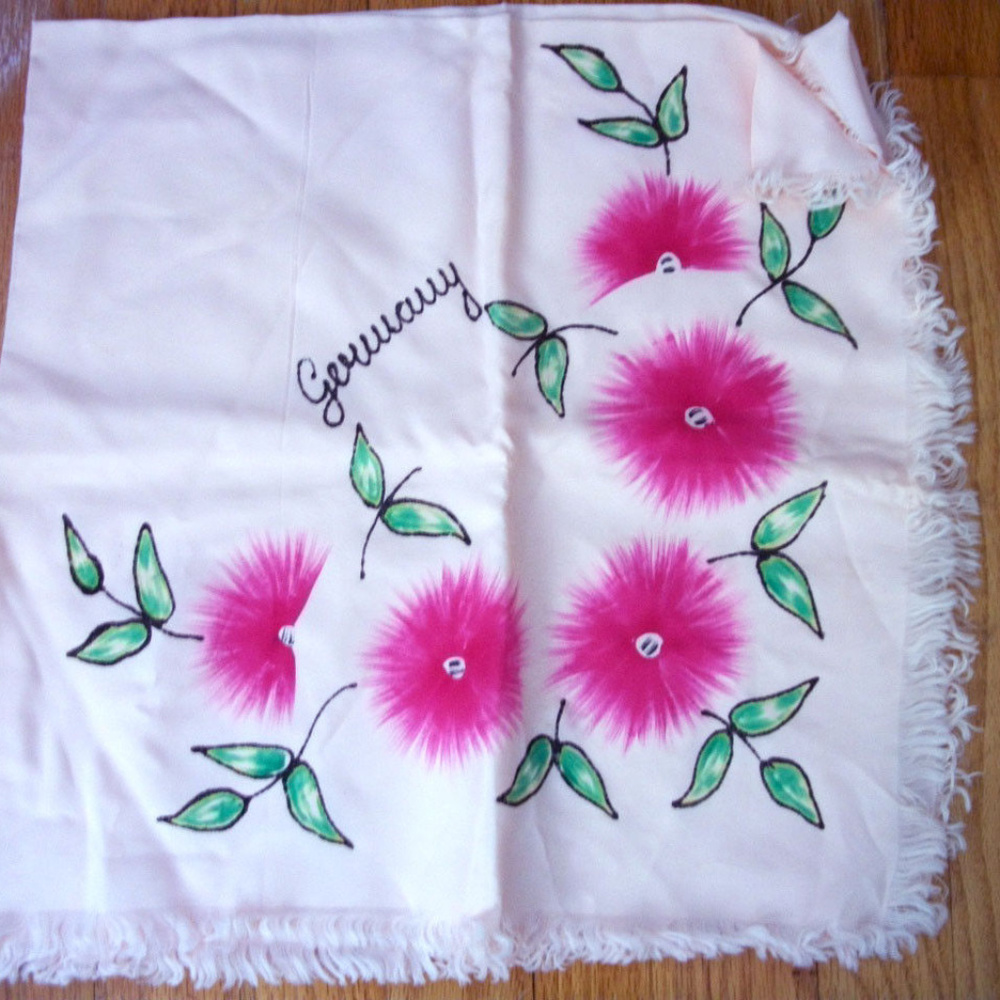 Vintage  HAndpainted Germany Pink Silk Scarf Magenta Flower